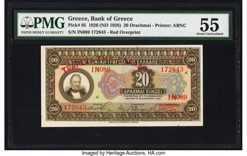 Greece Bank of Greece 20 Drachmai 1926 (ND 1928) Pick 95 PMG About Uncirculated ...