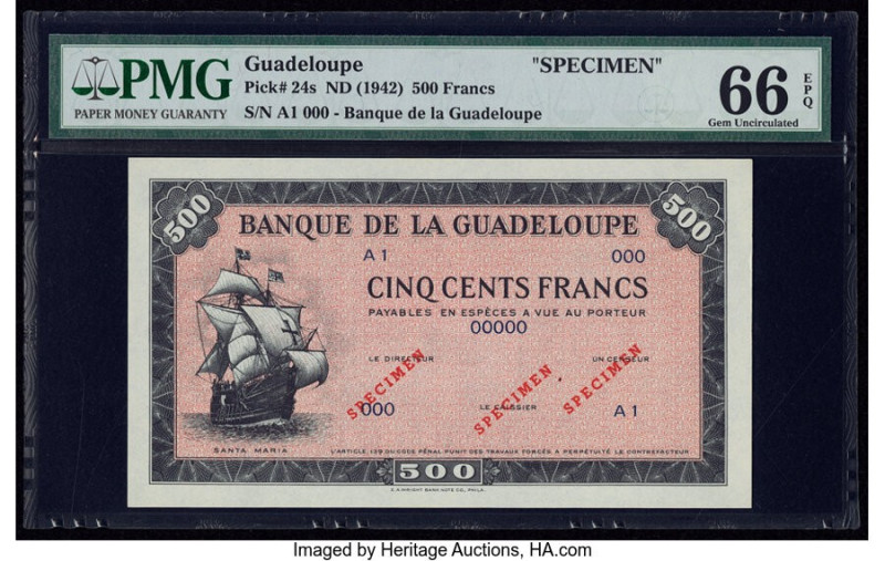 Guadeloupe Banque de la Guadeloupe 500 Francs ND (1942) Pick 24s Specimen PMG Ge...