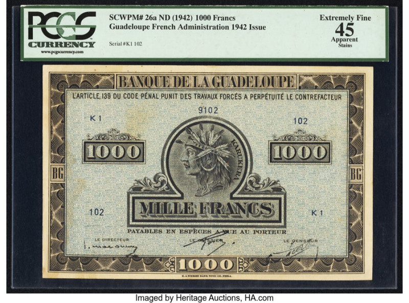 Guadeloupe Banque de la Guadeloupe 1000 Francs ND (1942) Pick 26a PCGS Apparent ...