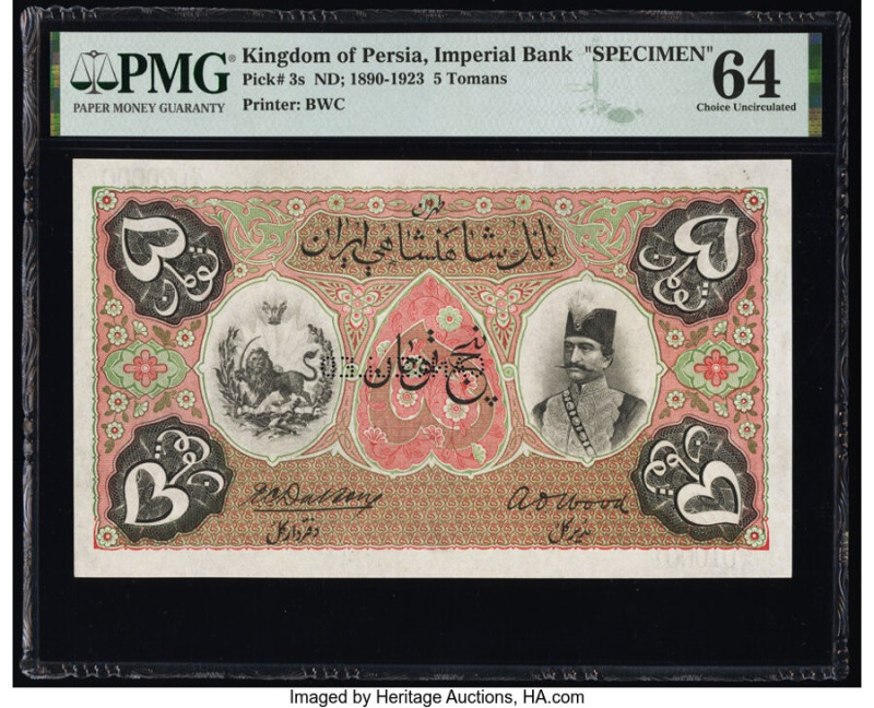 Iran Kingdom of Persia, Imperial Bank 5 Tomans ND (1890-1923) Pick 3s Specimen P...