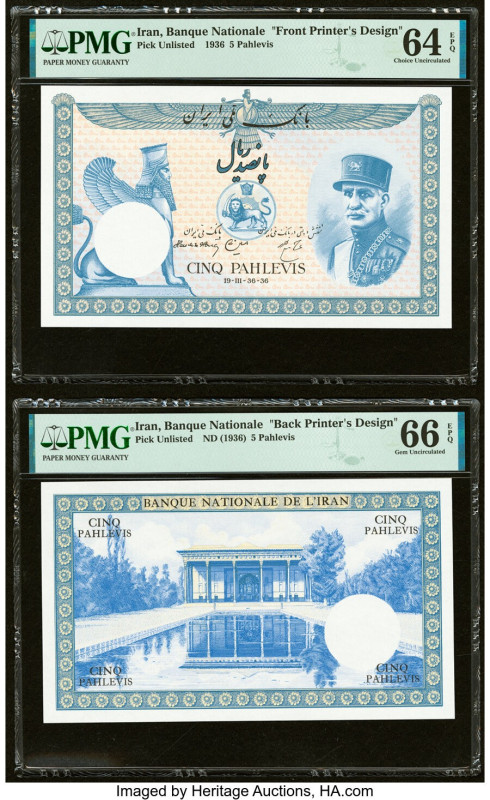 Iran Banque Nationale 5 Pahlevis 19.3.1936 Pick Unlisted Front and Back Printer'...