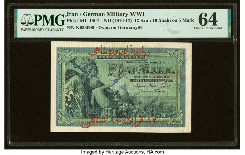 Iran German Military WWI 12 Kran 10 Shahi on 5 Mark ND (1916-17) Pick M1 PMG Cho...