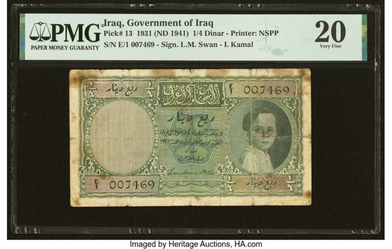 Iraq Government of Iraq 1/4 Dinar 1931 (ND 1941) Pick 13 PMG Very Fine 20. A sca...