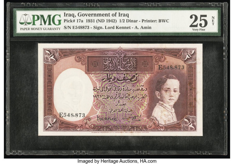 Iraq Government of Iraq 1/2 Dinar 1931 (ND 1942) Pick 17a PMG Very Fine 25 Net. ...