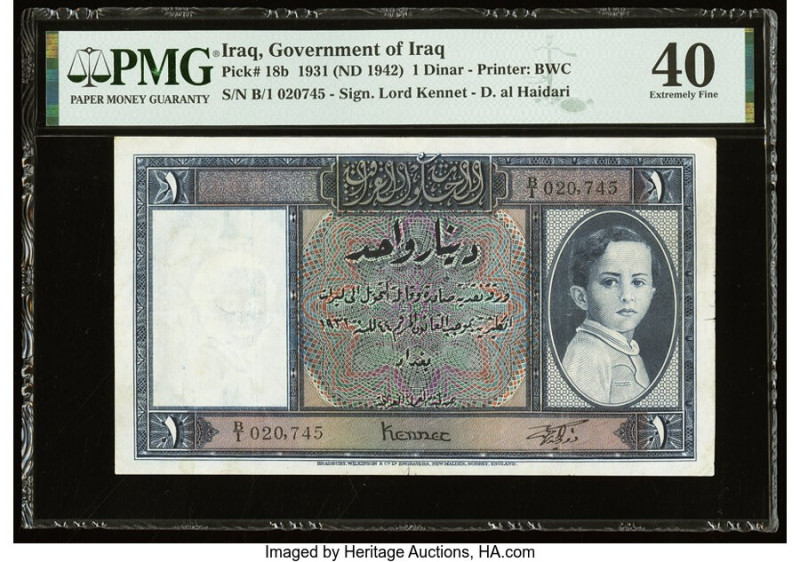 Iraq Government of Iraq 1 Dinar 1931 (ND 1942) Pick 18b PMG Extremely Fine 40. P...