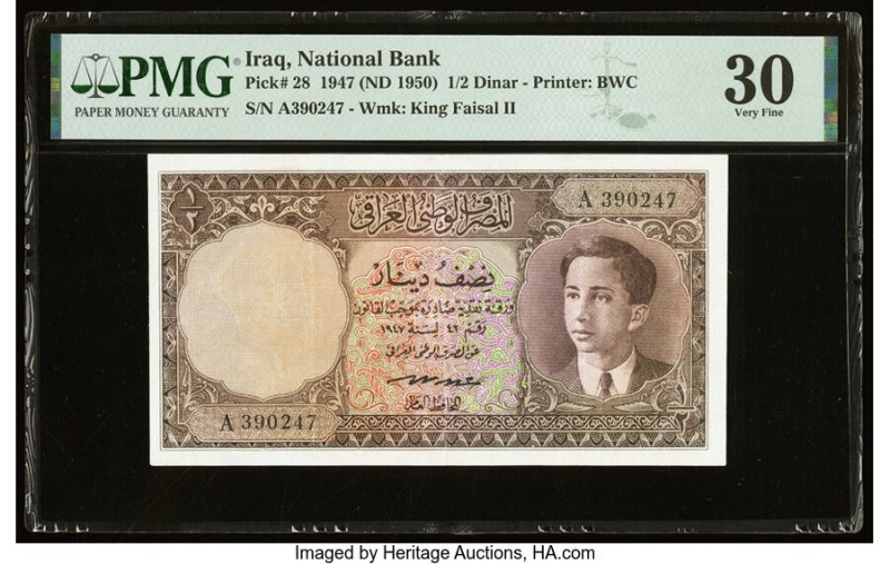 Iraq National Bank of Iraq 1/2 Dinar 1947 (ND 1950) Pick 28 PMG Very Fine 30. A ...