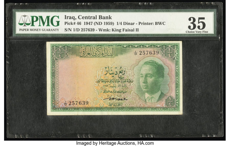 Iraq Central Bank of Iraq 1/4 Dinar 1947 (ND 1959) Pick 46 PMG Choice Very Fine ...