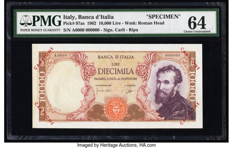 Italy Banco d'Italia 10,000 Lire 3.7.1962 Pick 97as Specimen PMG Choice Uncircul...