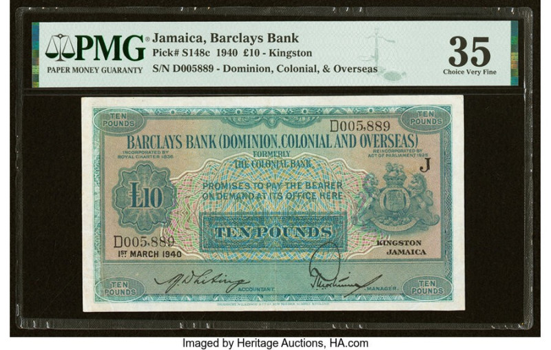 Jamaica Barclays Bank Dominion, Colonial and Overseas 10 Pounds 1.3.1940 Pick S1...