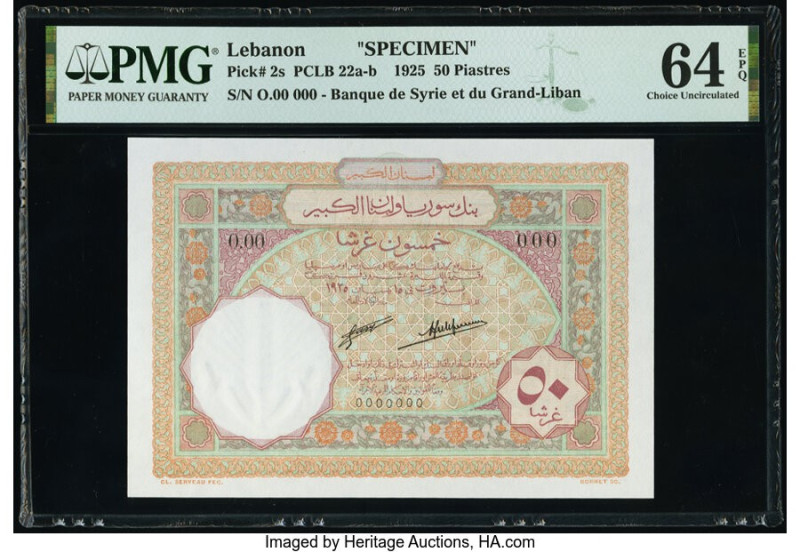 Lebanon Banque de Syrie et du Grand-Liban 50 Piastres 1925 Pick 2s Specimen PMG ...