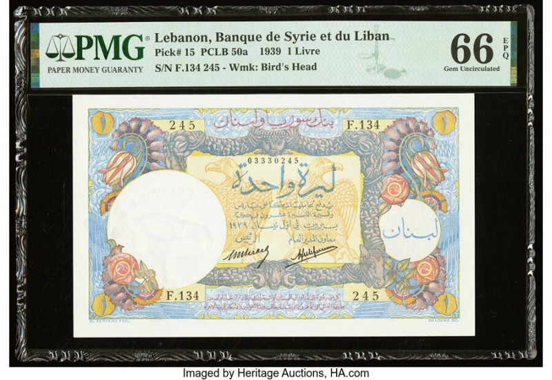 Lebanon Banque de Syrie et du Liban 1 Livre 1939 Pick 15 PMG Gem Uncirculated 66...