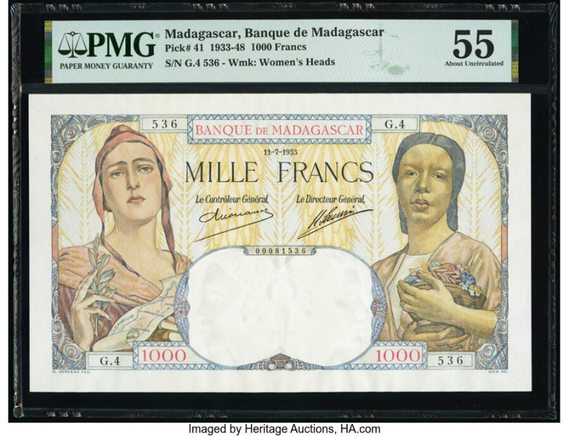 Madagascar Banque de Madagascar 1000 Francs 11.7.1933 Pick 41 PMG About Uncircul...