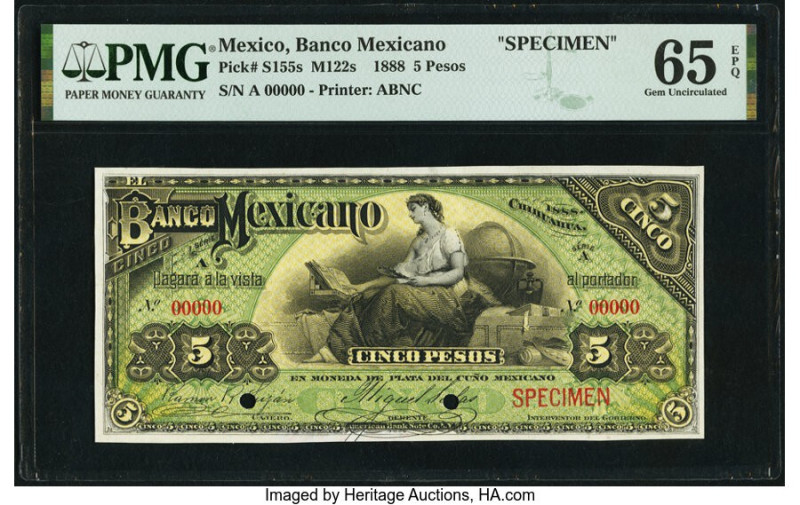 Mexico Banco Mexicano 5 Pesos 1888 Pick S155s M122s Specimen PMG Gem Uncirculate...