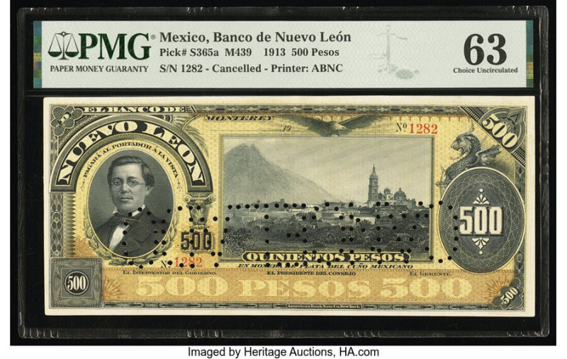 Mexico Banco de Nuevo Leon 500 Pesos ND (1913) Pick S365a M439 PMG Choice Uncirc...