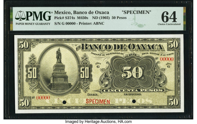 Mexico Banco De Oaxaca 50 Pesos ND (1903) Pick S374s M450s Specimen PMG Choice U...