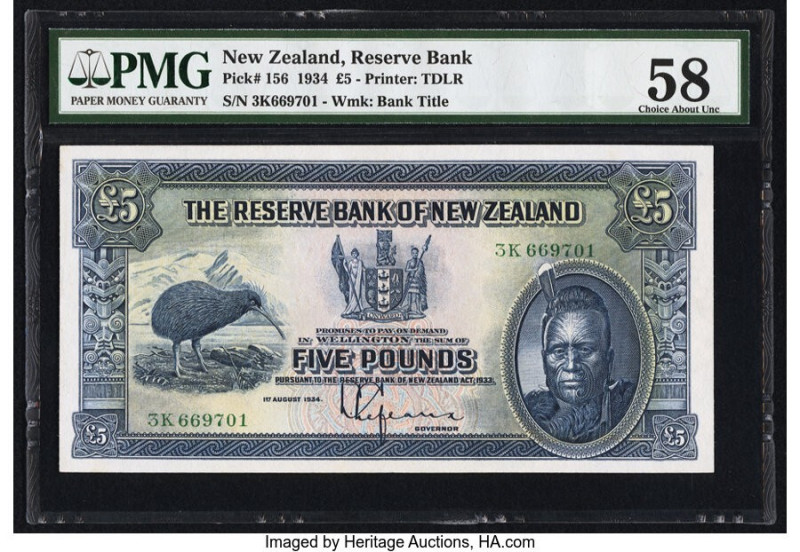 New Zealand Reserve Bank of New Zealand 5 Pounds 1.8.1934 Pick 156 PMG Choice Ab...