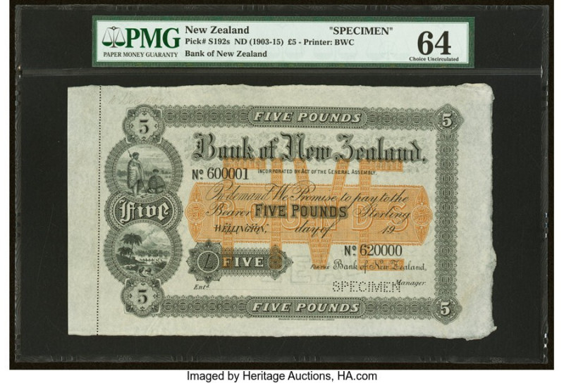 New Zealand Bank of New Zealand 5 Pounds ND (1903-15) Pick S192s Specimen PMG Ch...