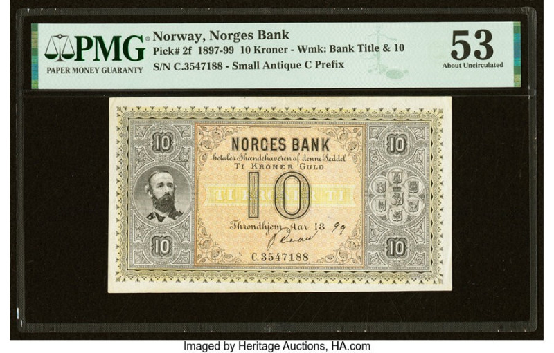 Norway Norges Bank 10 Kroner 1899 Pick 2f PMG About Uncirculated 53. The so call...