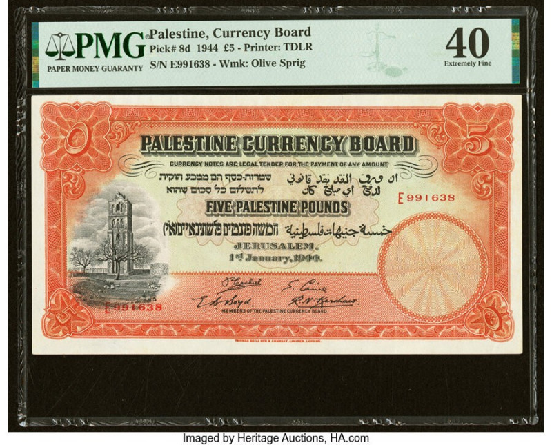 Palestine Currency Board 5 Pounds 1.1.1944 Pick 8d PMG Extremely Fine 40. A scar...