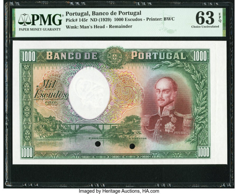 Portugal Banco de Portugal 1000 Escudos 1929 Pick 145r Remainder PMG Choice Unci...