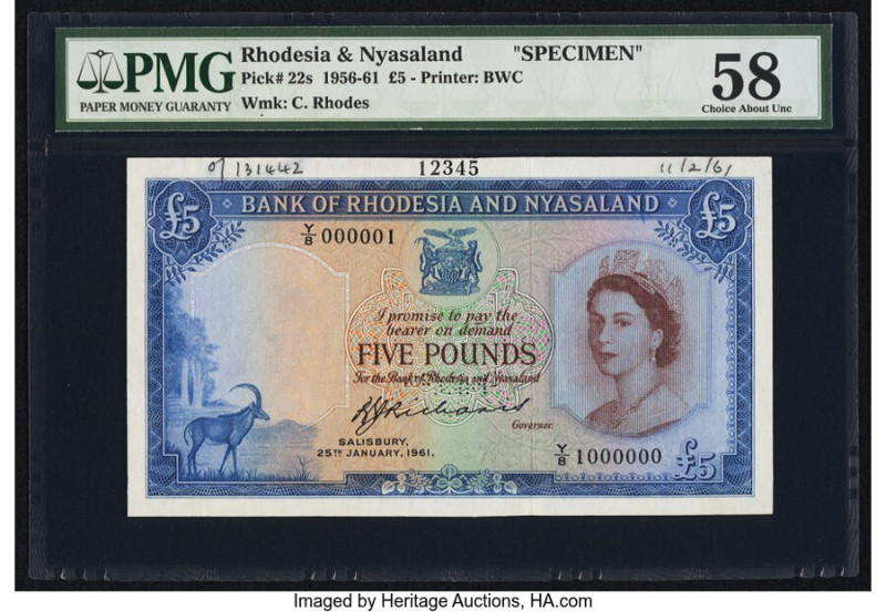 Rhodesia and Nyasaland Bank of Rhodesia and Nyasaland 5 Pounds 25.1.1961 Pick 22...