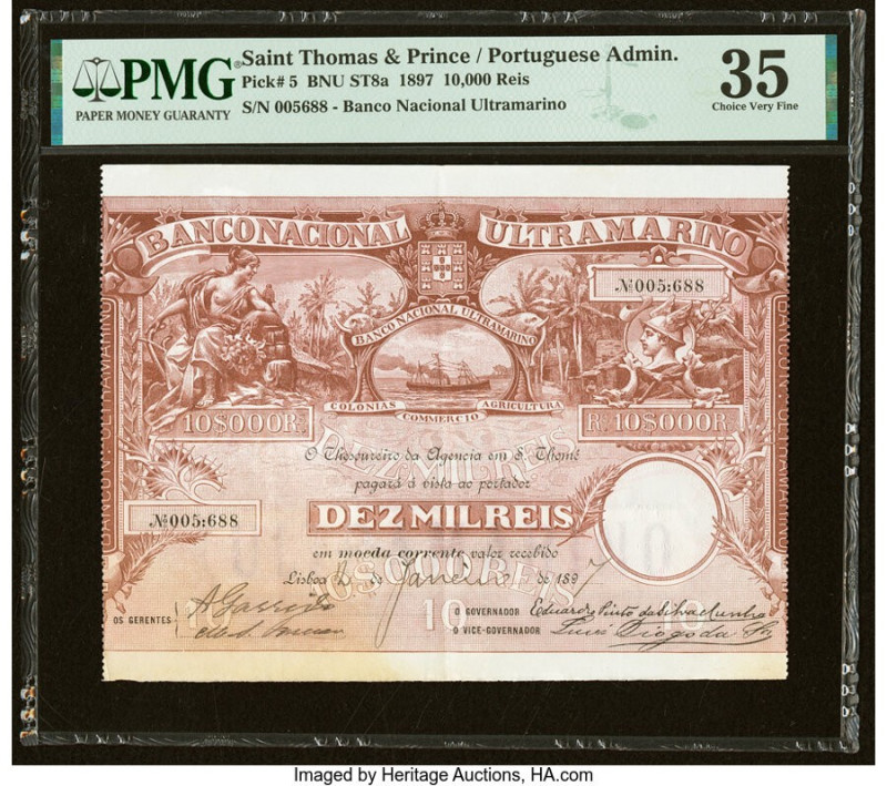 Saint Thomas and Prince Banco Nacional Ultramarino 10,000 Reis 2.1.1897 Pick 5 P...