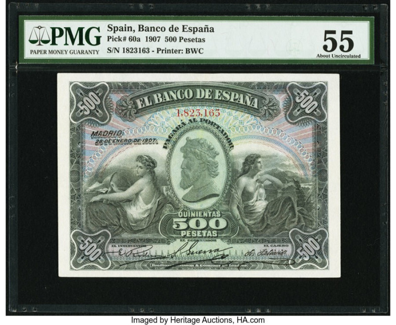 Spain Banco de Espana 500 Pesetas 28.1.1907 Pick 60a PMG About Uncirculated 55. ...