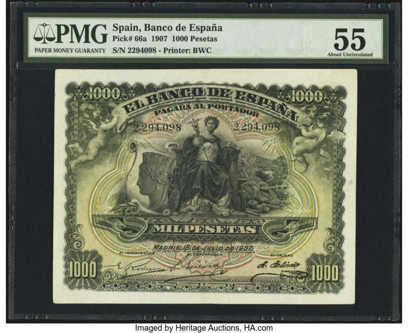 Spain Banco de Espana 1000 Pesetas 15.7.1907 Pick 66a PMG About Uncirculated 55....