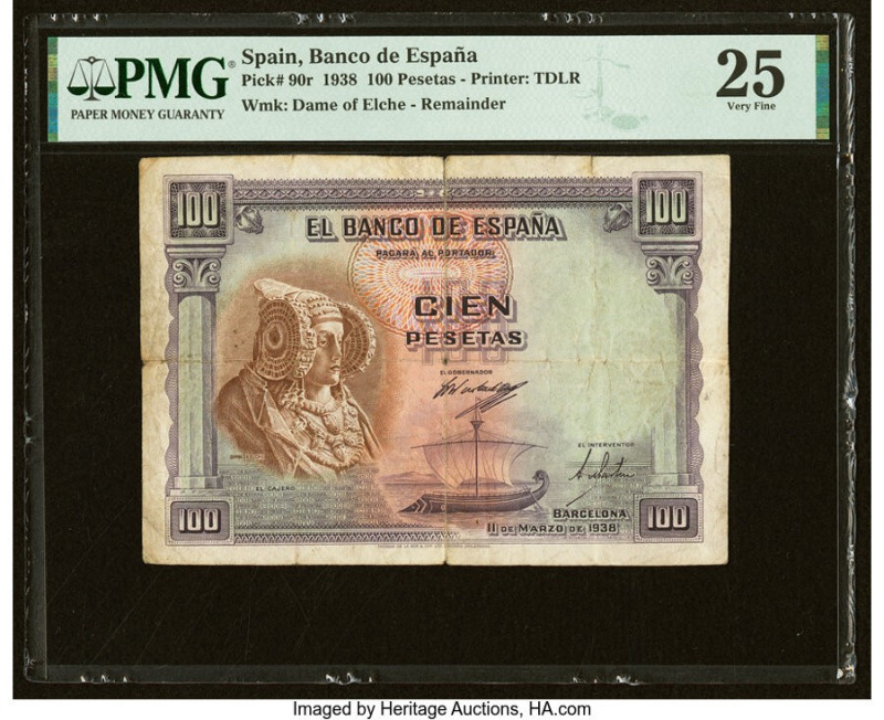 Spain Banco de Espana 100 Pesetas 11.3.1938 Pick 90r Remainder PMG Very Fine 25....