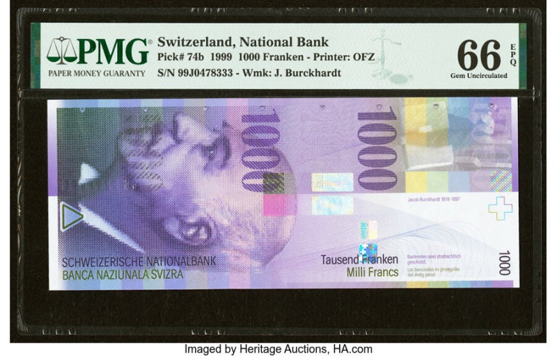 Switzerland National Bank 1000 Franken 1999 Pick 74b PMG Gem Uncirculated 66 EPQ...