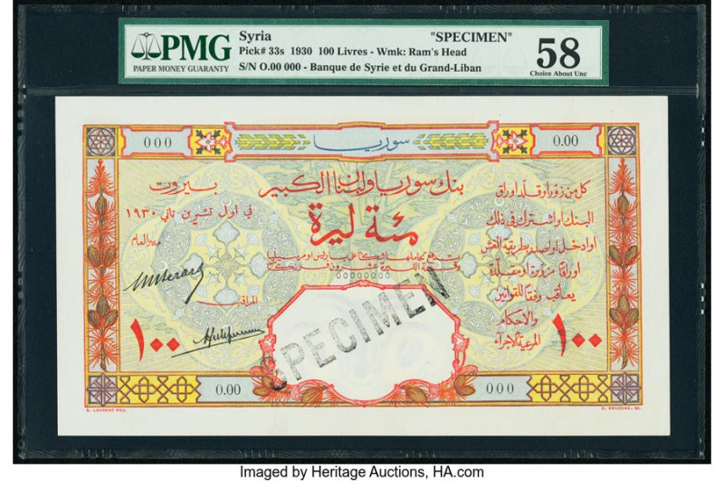 Syria Banque de Syrie et du Grand-Liban 100 Livres 1930 Pick 33s Specimen PMG Ch...