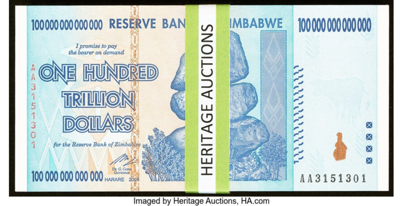 Zimbabwe Reserve Bank of Zimbabwe 100 Trillion Dollars 2008 Pick 91 Pack of 100 ...