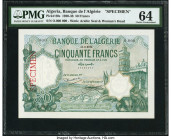 Algeria Banque de l'Algerie 50 Francs 1920-38 Pick 80s Specimen PMG Choice Uncirculated 64. A minor internal tear is noted on this example. 

HID09801...