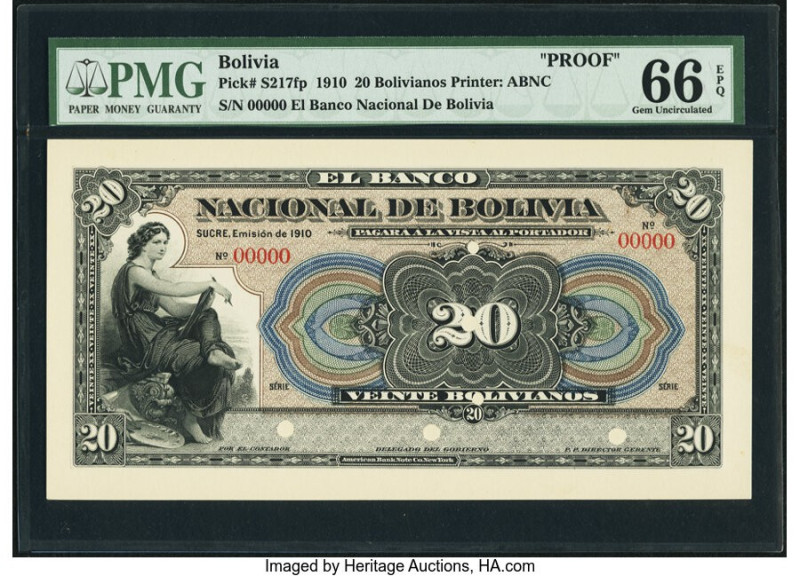 Bolivia Banco Nacional de Bolivia 20 Bolivianos 1910 Pick S217fp Front Proof PMG...