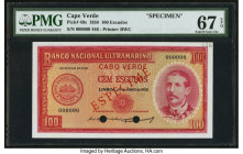 Cape Verde Banco Nacional Ultramarino 100 Escudos 16.6.1958 Pick 49s Specimen PMG Superb Gem Unc 67 EPQ. Two POCs are present on this example. 

HID09...