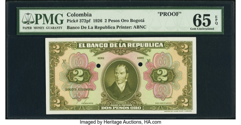 Colombia Banco de la Republica 2 Pesos Oro 1926 Pick 372pf Front Proof PMG Gem U...