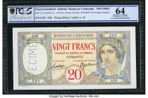 French Somaliland Banque de l'Indochine, Djibouti 20 Francs ND (1928-38) Pick 7As Specimen PCGS Banknote Choice UNC 64. A perforated Specimen is prese...