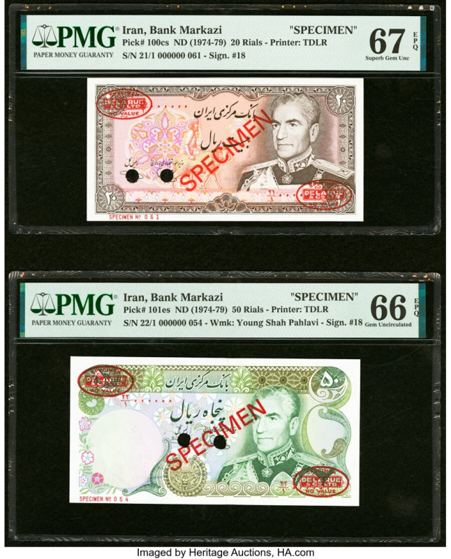 Iran Bank Markazi 20; 50 Rials ND (1974-79) Pick 100cs; 101es Two Specimen PMG S...