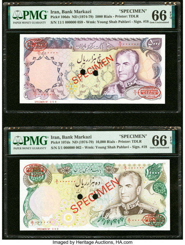 Iran Bank Markazi 5000; 10,000 Rials ND (1974-79) Pick 106ds; 107ds Two Specimen...