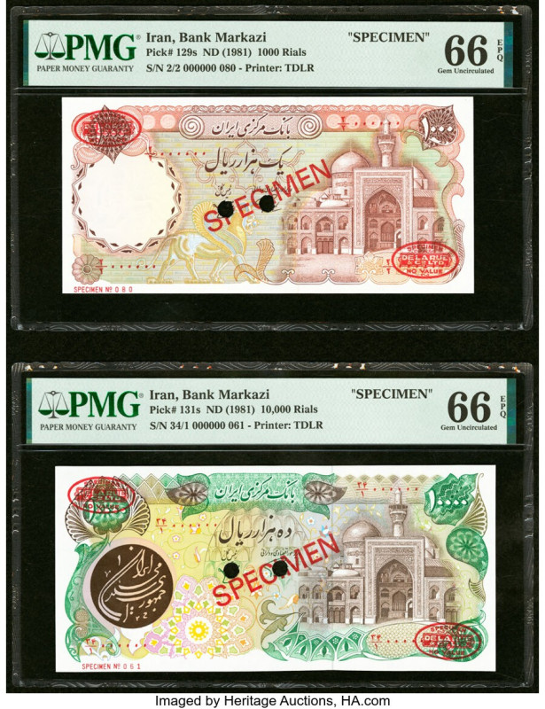 Iran Bank Markazi 1000; 10,000 Rials ND (1981) Pick 129s; 131s Two Specimen PMG ...