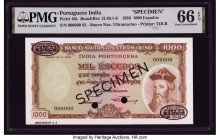 Portuguese India Banco Nacional Ultramarino 1000 Escudos 2.1.1959 Pick 46s Jhunjhunwalla-Razack 12.40.1-6 Specimen PMG Gem Uncirculated 66 EPQ. Two PO...