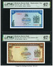 Rhodesia Reserve Bank of Rhodesia 1; 5 Dollars 18.4.1978; 15.5.1979 Pick 34c*; 40a Two Examples PMG Superb Gem Unc 67 EPQ (2). Low serial number 122 i...