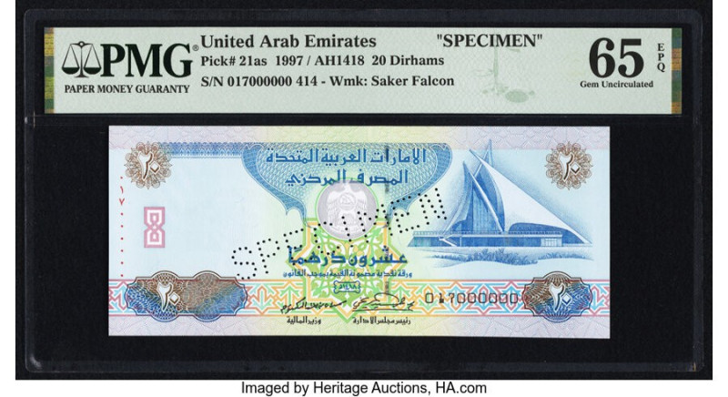 United Arab Emirates Central Bank 20 Dirhams 1997 Pick 21as Specimen PMG Gem Unc...