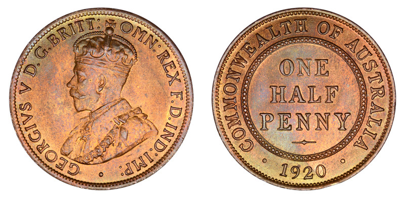 1920, 1/2 Penny (Cu), Smooth lustrous brown surfaces with some red showing throu...