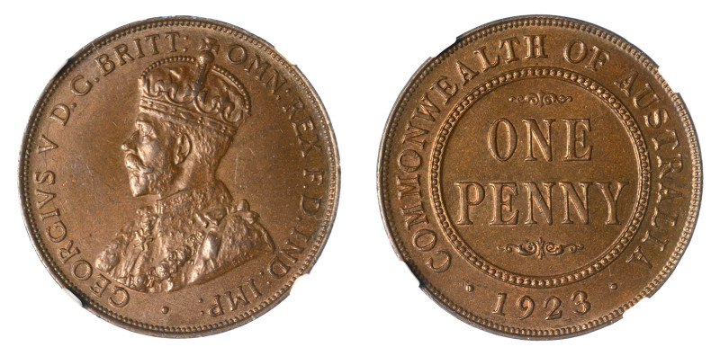 1923, Penny (Cu), Smooth and semi-lustrous milk chocolate coloured surfaces; lig...