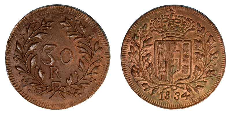 1834, 30 Reis Pattern (Cu), Well struck with good details; milk chocolate colour...