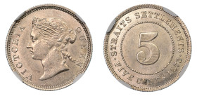 Straits Settlements, 1873, 5 Cents (Ag), A scarce date.  Well struck with strong details on the crown and queen's hair.  Lustrous with a light hue of ...