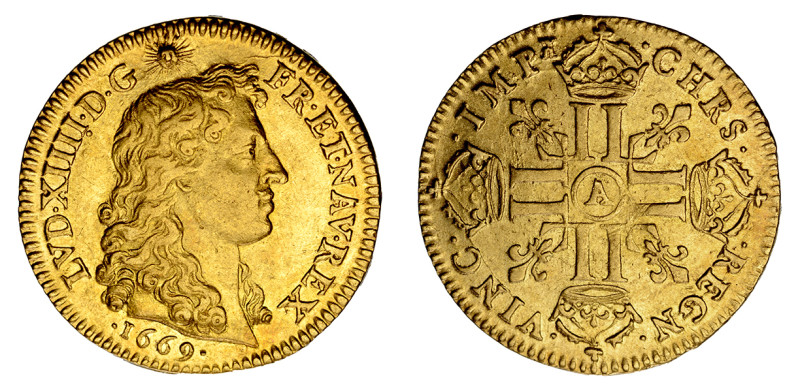 1669 A, Louis d'or (Au), Louis XIV 

 Smooth and lustrous problem free surfaces,...