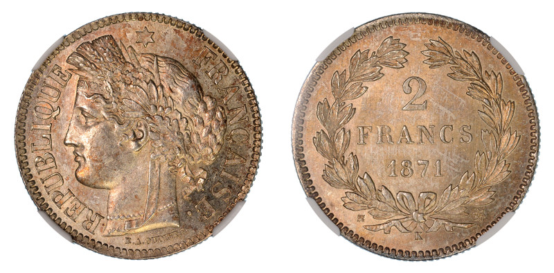 1871 K, 2 Francs (Ag), No motto. A choice piece, smooth and lustrous surfaces wi...