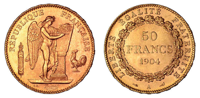 1904 A, 50 Francs (Au),

 Attractive appearance and smooth surfaces; nice red/go...